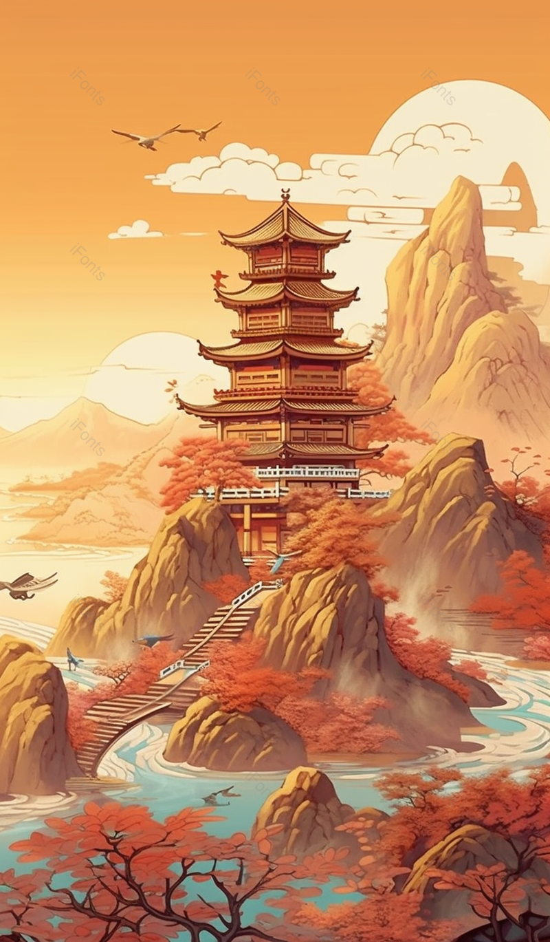 中国风格暖色调日出日落仙鹤飞过祥云山水古风建筑插画竖版,插画/手绘图,插画/手绘图库,插画/手绘图下载,插画/手绘